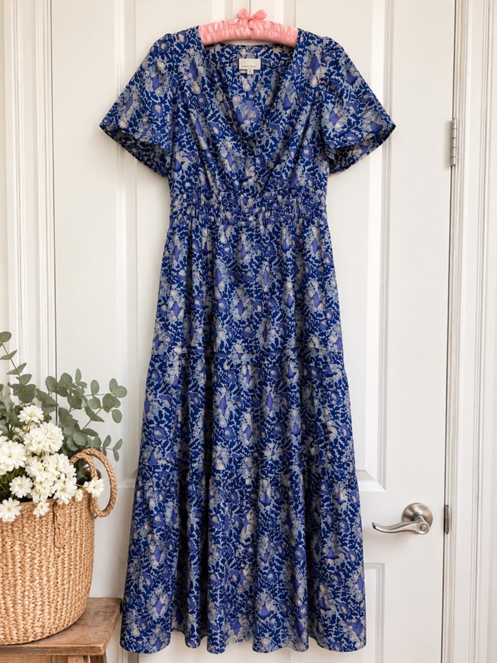Anthropologie Blue Floral Smocked Waist Tiered Maxi Dress S